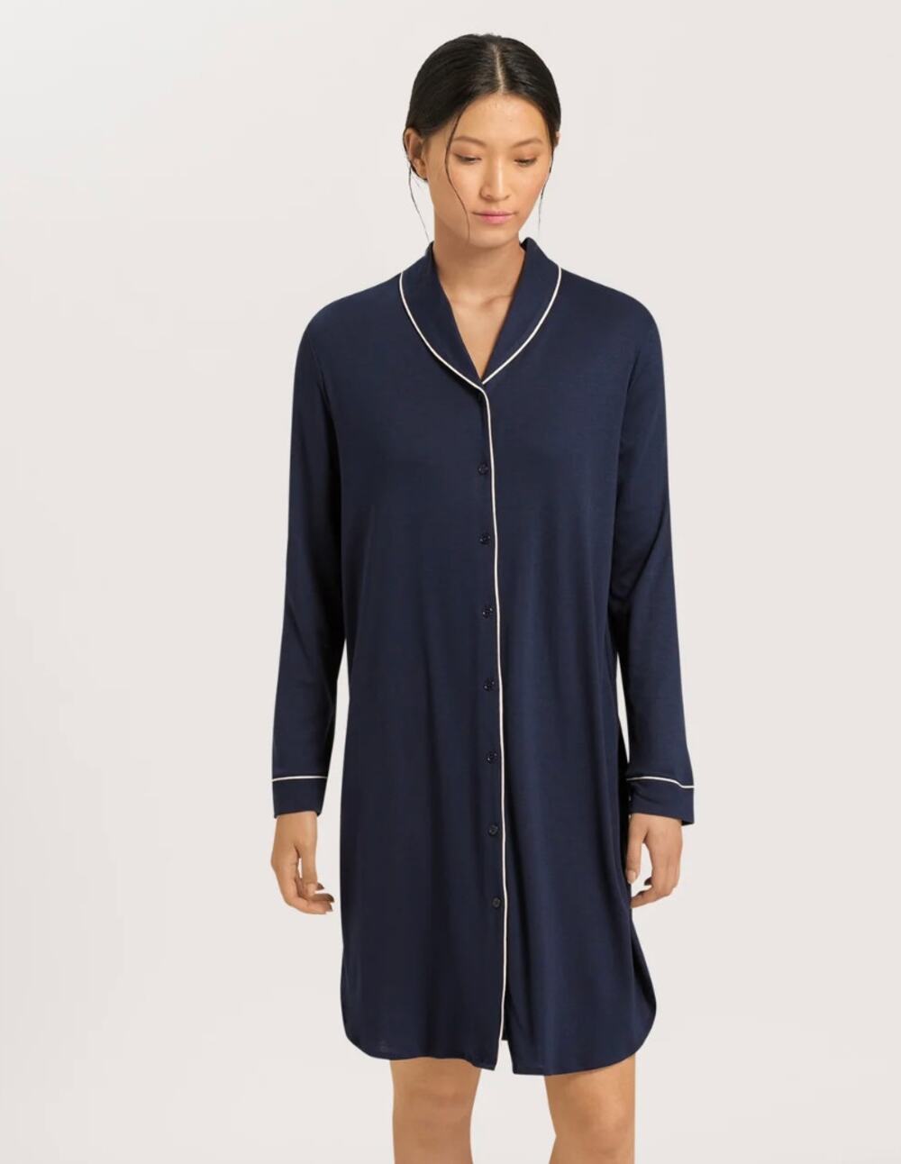 Hanro Natural Comfort  TENCEL Button Front Sleep Shirt Gown Navy Blue Small